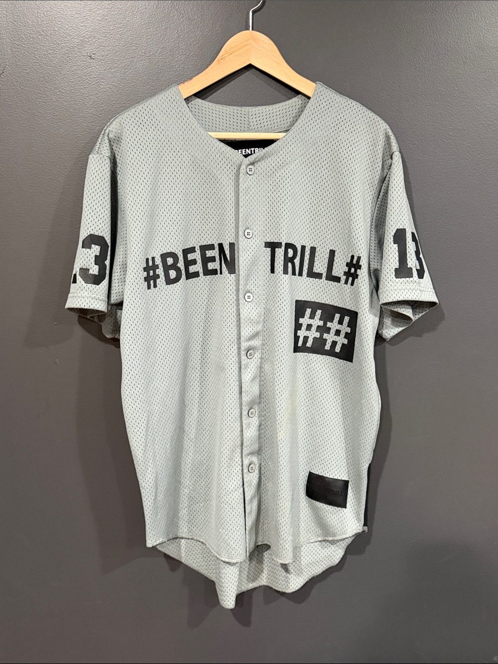 Been Trill Gray Mesh Baseball Jersey with Black Graphics